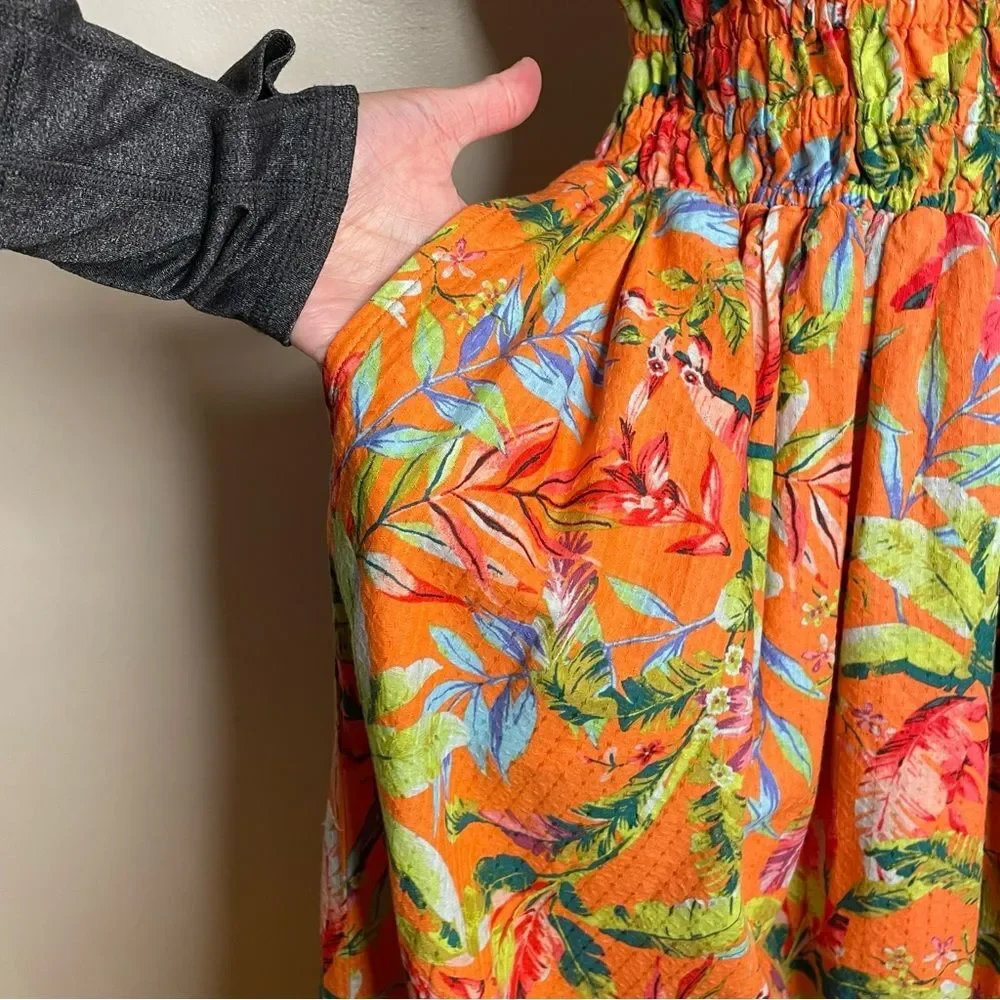 Lands End Tropical Sundress Floral Midi Lined Sleeveless Orange Green Small 6-8 - Picture 7 of 11